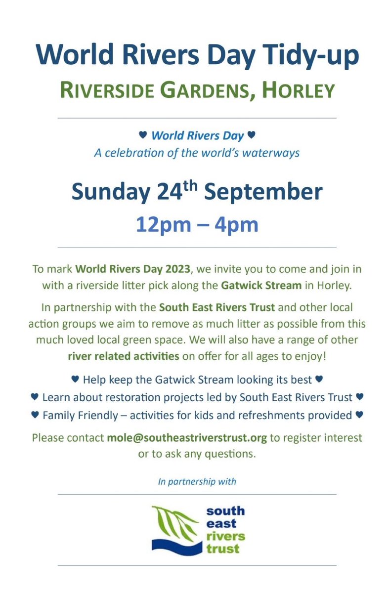 HorleyLibDems's tweet photo. To mark #WorldRiversDay on Sunday thereβs a riverside clean-up & community event to highlight @SE_Rivers_Trust proposed improvement works to the #GatwickStream - please come along! #Horley #CommunityEvent https://t.co/U1ThfS5y84