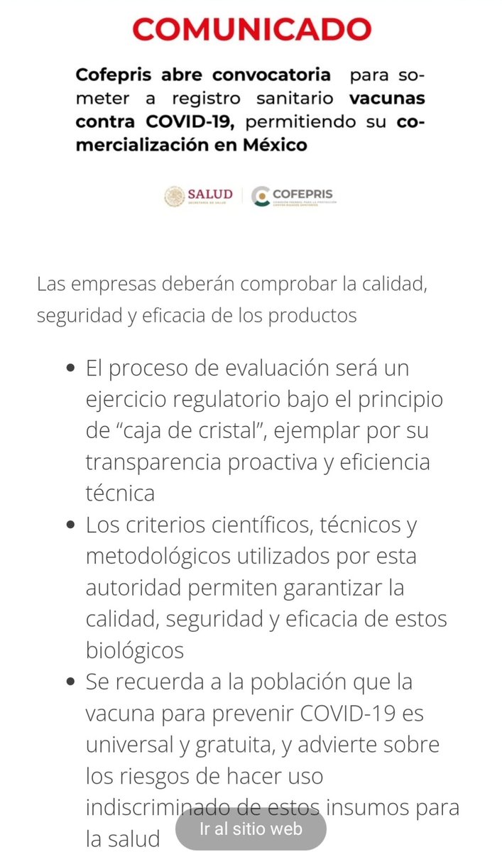 🔴 Gracias a la presión social y la evidencia científica, #Cofepris abre convocatoria para someter a registro sanitario vacunas contra COVID-19, permitiendo su comercialización en México

👇 La #DictaduraSanitaria debe terminar

Estaremos vigilantes para que el libre acceso a las
