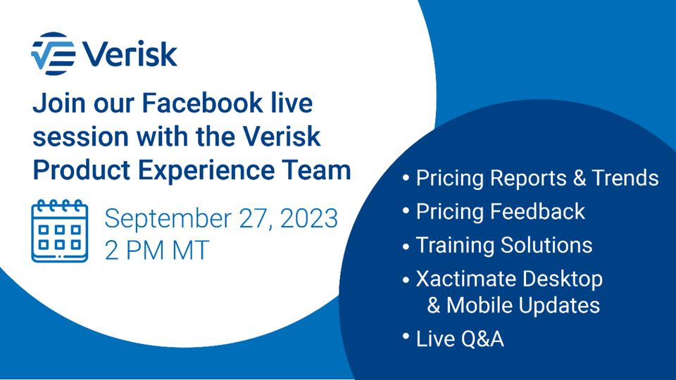 hotrosyposy's tweet photo. Join us Sep 27, 2023 2 PM MST for a #Verisk #Facebook Live Event! Explore #Xactimate Reports, Feedback, Updates, &amp; Training Solutions: https://t.co/hhOwGsBK9c. #xactware #ai #insurtech #nft #propertyandcasualty #webinar #live #xactanalysis #xactcontents #productexperience #crypto https://t.co/stYIQLtur2