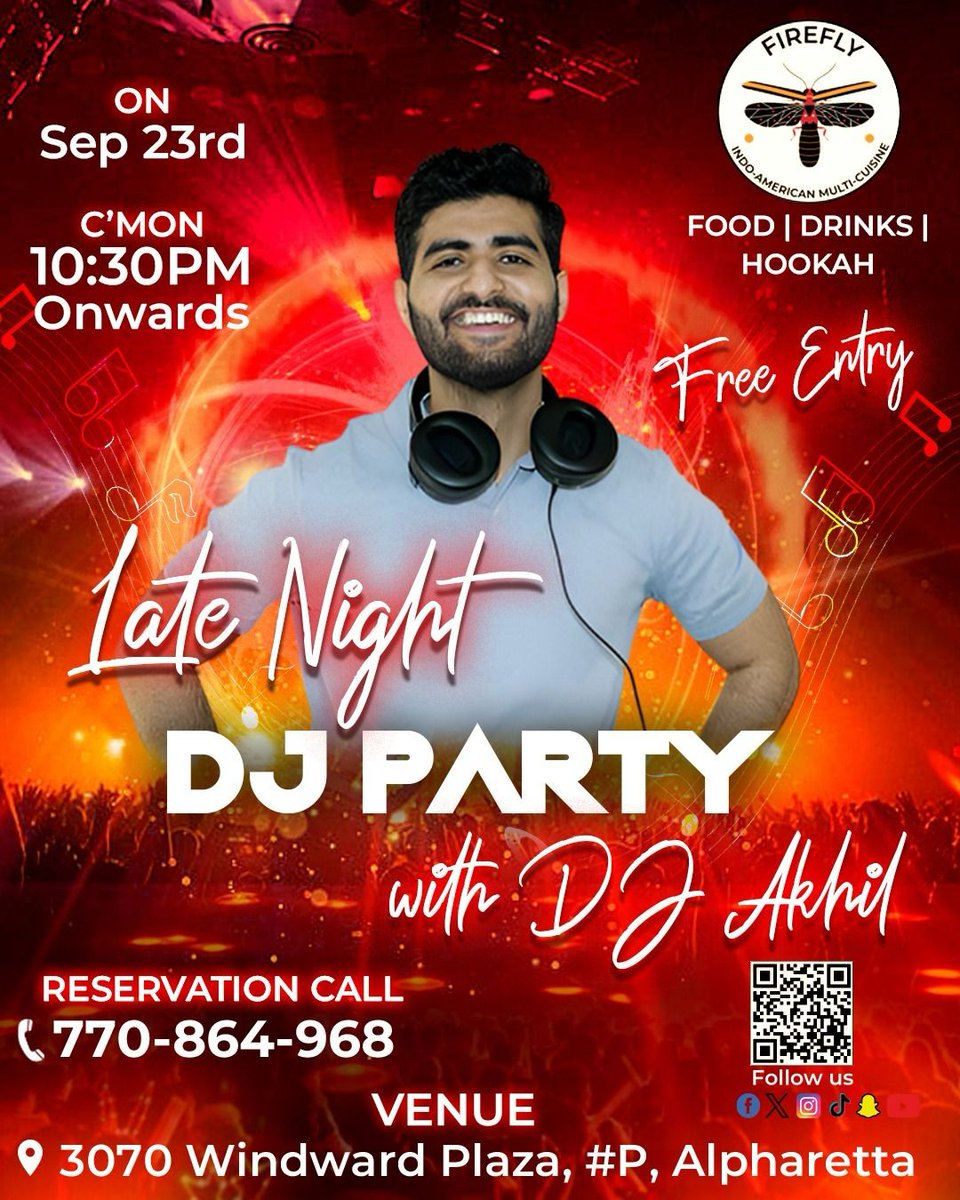 Get ready to dance the night away at the most epic Late Night DJ Party with DJ Akhil! Entry is absolutely FREE!

#firefly #fireflyindoamerican #atlantafood #atleats #georgiafood #georgiafoodie #georgiafoodies #desiparty #atlanta #atlantanights❤️ #weekendvibes