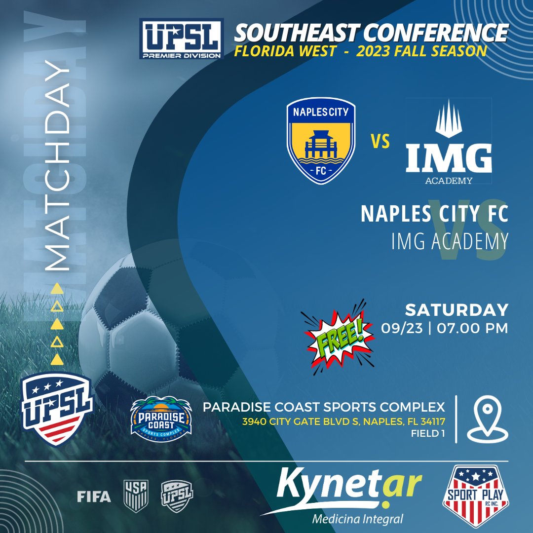 naplescityfc's tweet photo. UPSL PREMIER DIVISION
Florida West - 2023 Fall Season

📣Saturday 09/23 - Kick-Off: 07.00 pm (ET)
@naplescityfc vs @IMGAcademy

@UPSLsoccer

🔵⚪🟡 #naplescityfc #naplesflorida ⚽ #soccer #upslflorida #upslsoccer #ussoccer #wearethecity https://t.co/Rno2HM2Kbn