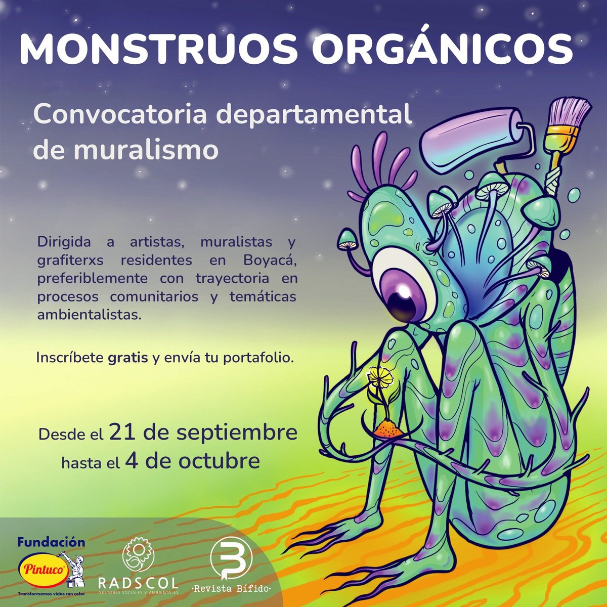 RadsColombia's tweet photo. ¡Abrimos convocatoria de muralismo! 🎨 
Si eres artista o muralista, te apasiona el arte urbano, vives en el departamento de Boyacá, tienes experiencia en procesos comunitarios y ambientalistas, inscríbete desde el 21/09 y hasta el 04/10 ⚠ 
Más info en: https://t.co/KqQGCsG1Y0 https://t.co/oQpk0fvMdR