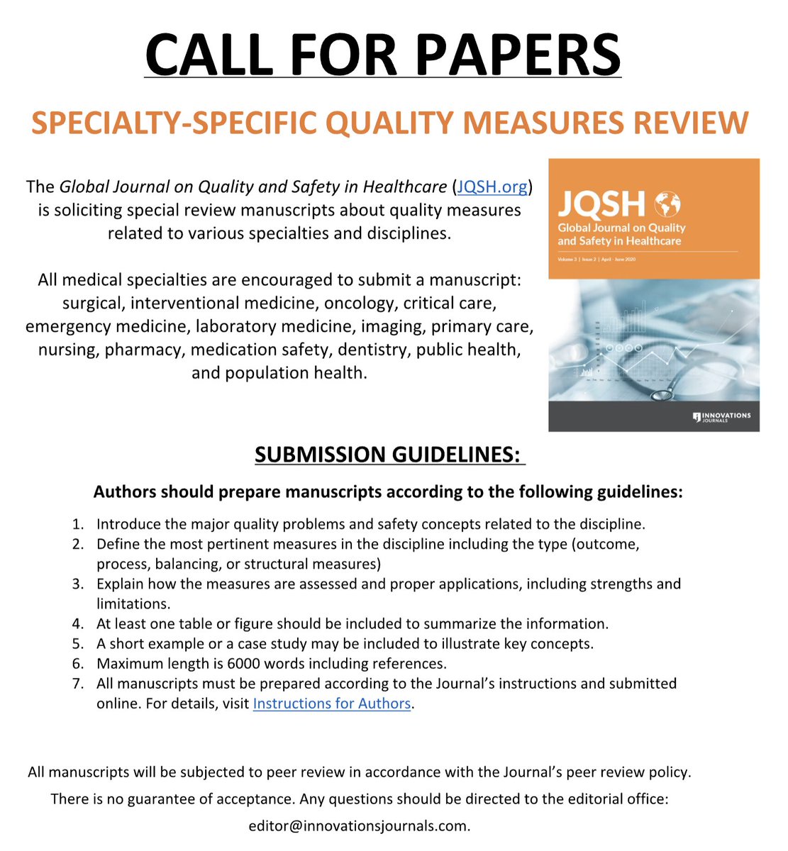 #JQSH is seeking manuscripts about #qualitymeasures related to #healthcare. Topics include problems/safety concepts, outcomes, stengths and limitations, etc. No fees to submit until January 1st, 2024.  meridian.allenpress.com/innovationsjou…
#HealthcareSafety