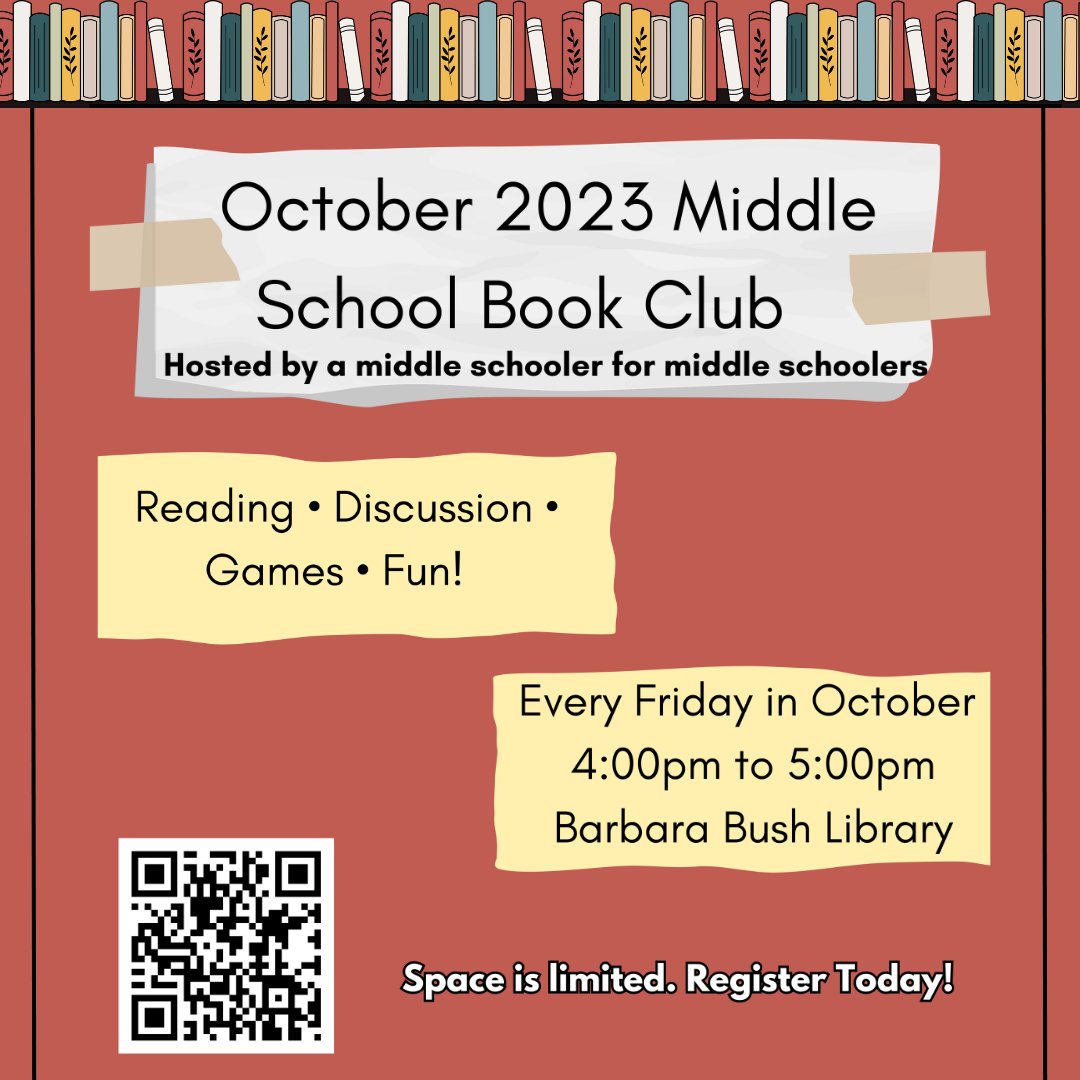barbarabushlib's tweet image. Are you in middle school? Do you enjoy reading?
.
Join our Middle School Book Club! Every Friday in October, you will get to read, discuss, and have fun with people who love books.
.
Registration Deadline is Friday, October 5th.
#barbarabushlibrary #HarrisCountyPL #bookclub