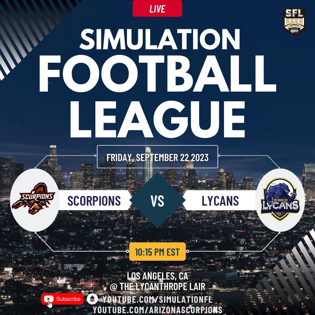 🚨 GAME DAY 🚨 AZ NATION it’s that time again! Tonight @ 10:15 pm in the CITY OF ANGELS, we throw down with the <a href="/SFL_Lycans/">Los Angeles Lycans</a> @ the Lycanthrope Lair. This is a can’t miss FRIDAY NIGHT <a href="/simulationfl/">Simulation Football League</a> showdown🔥 can’t wait to see y’all out there 🦂 #feelthesting #fyp #SFL #eSports