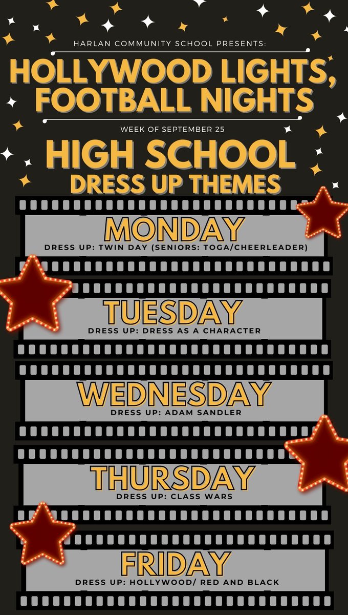 It's almost time for... 🎞️
Hollywood Lights, Football Nights📷 

Homecoming kicks off Monday, September 25. Check out the dress up days for each of our buildings.