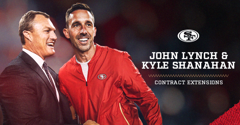 49ers's tweet photo. The 49ers today announced that the team has signed general manager John Lynch and head coach Kyle Shanahan to multi-year contract extensions.