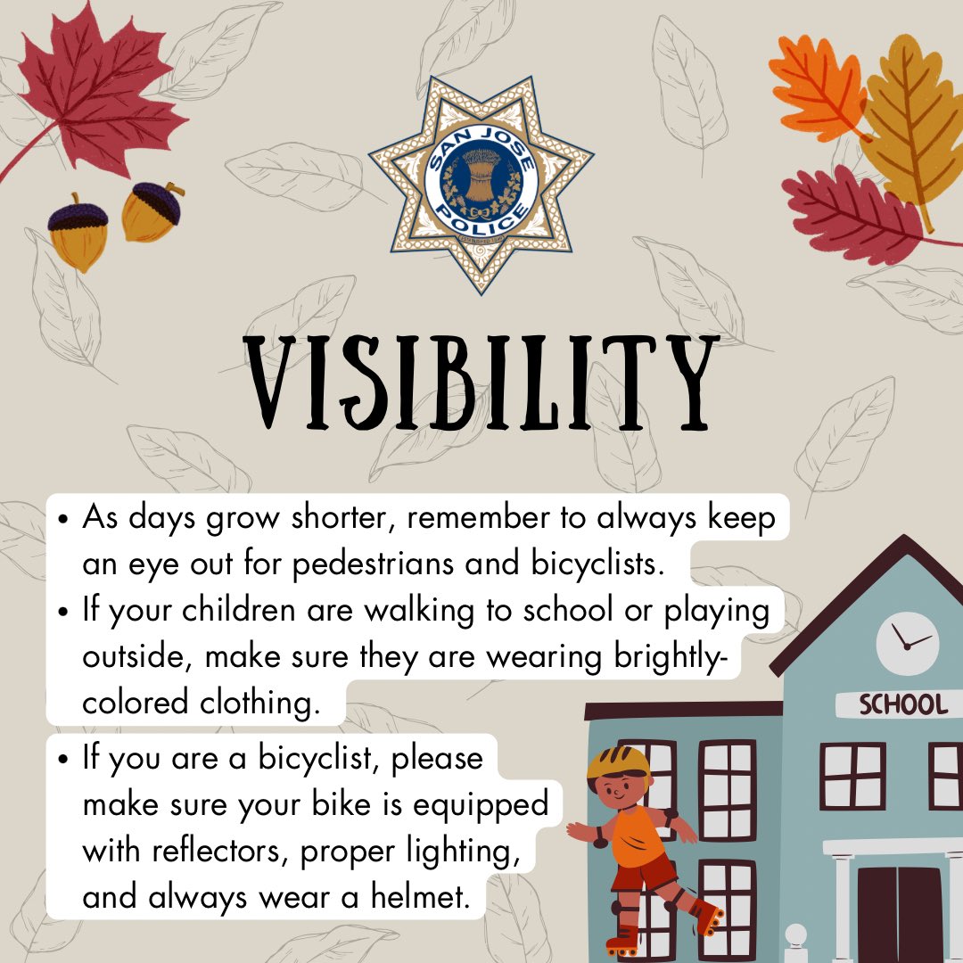 SanJosePD's tweet photo. Tomorrow is the first day of autumn so here are some fall safety tips from SJPD! ๐๐งฃ#fallsafetytips #firstdayoffall #autumn #autumnequinox #safety #sanjose #sjpd #sanjosepolice https://t.co/kk7TUdyRwA