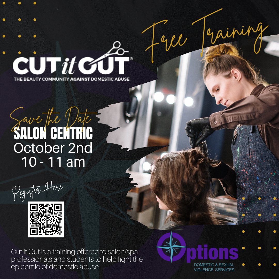 Free Cut it Out Training! Date: Oct 2, at 10 am at SalonCentric in Hays. Cut it Out focuses on domestic violence awareness & empowers #salon & #spa professionals to recognize & respond to signs of abuse.
Register with link below or scan the QR forms.gle/CXAUiaoTEVBXxF…