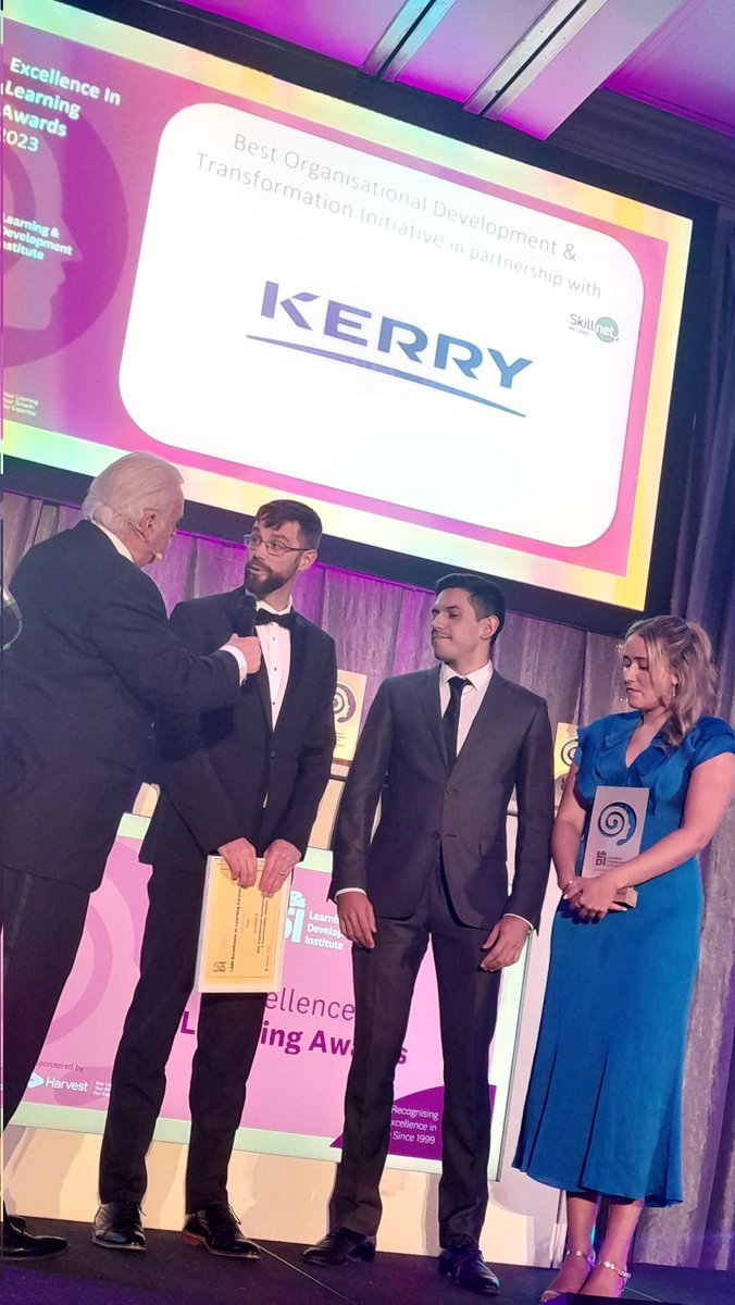 Our penultimate Award this evening is the Best Organisational Development &amp; Transformation Initiative (category sponsored by <a href="/SkillnetIreland/">Skillnet Ireland</a> )
And the winner is … <a href="/wearekerry/">Kerry</a> – congratulations!
#LearningAwards23 #learning #development
Awards sponsors: <a href="/harvest37/">Harvest</a>