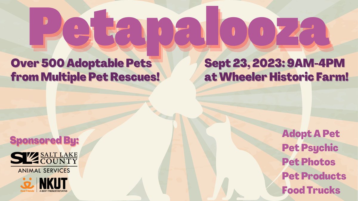 SLCoGov's tweet image. Join us tomorrow for the largest pet adoption event in Utah! 500 pets will be available for adoption at Petapalooza on September 23rd at Wheeler Historic Farm from 9 am to 4 pm.

Learn more: eventeny.com/events/petapal…

#adoptutahpets #petapalooza #slco