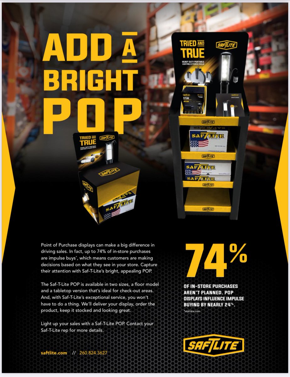 saftlite's tweet image. SafTLite has these displays available for existing or prospective distributors today!  No cost for the display!  Contact us for details. Email sales@saftlite.com or call 260-824-3440.
saftlite.com
#saftlite #retail #worklights #powersupply #automotiveequipment