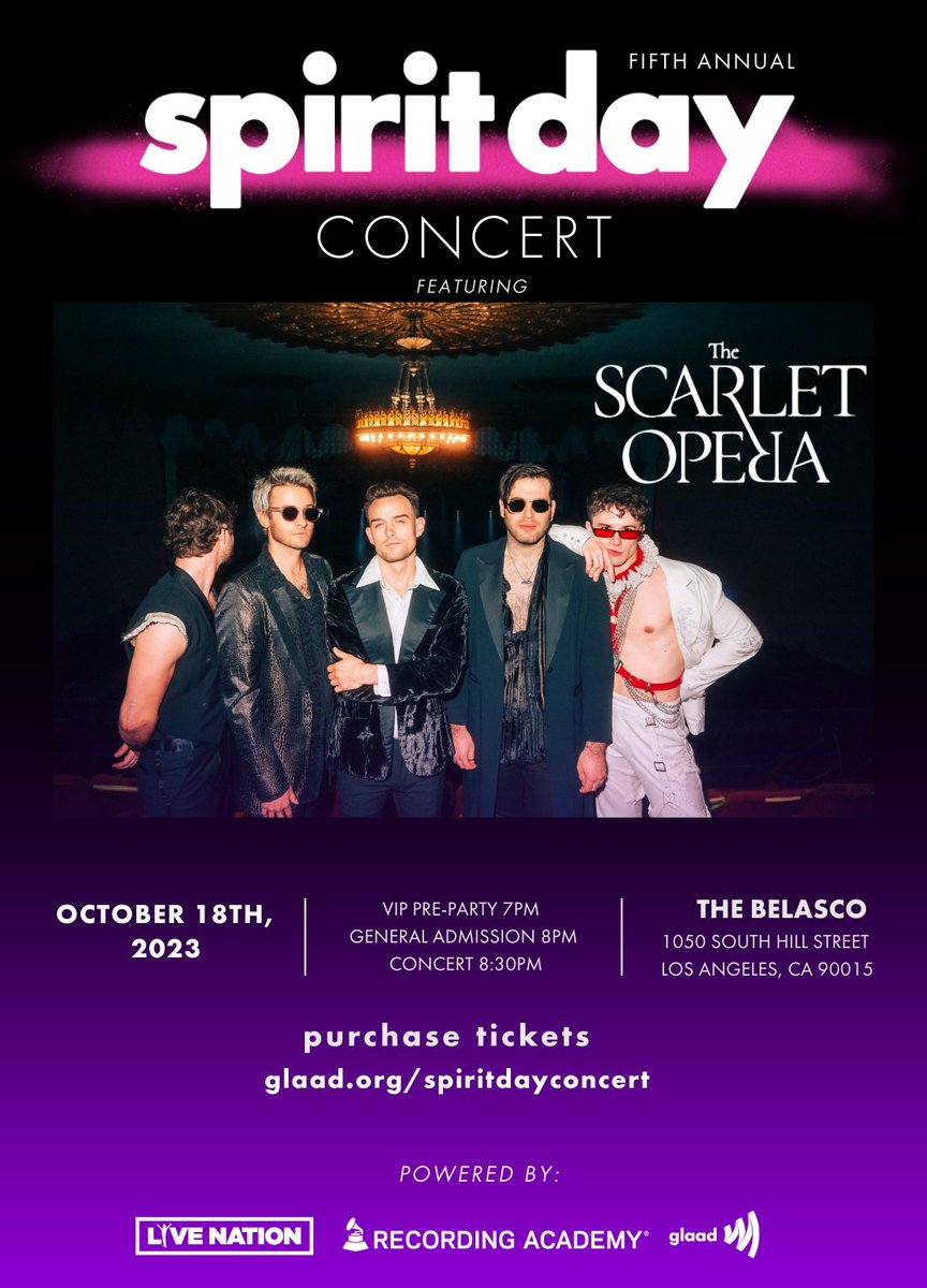 thescarletopera's tweet photo. Save the date, October 18th we’re performing at the @glaad Spirit Day concert at The Belasco! Tickets available here https://t.co/41FoTVugoQ

@LiveNation @RecordingAcad @glaad https://t.co/QkIAzEwG5t