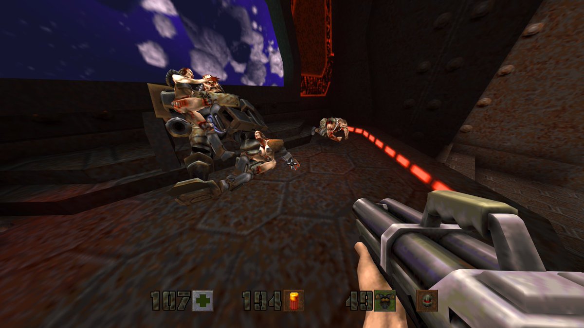Hexelf's tweet image. Thanks to the remaster I finally got around to beating Quake II, thus completing the quadfecta! 10/10 port!