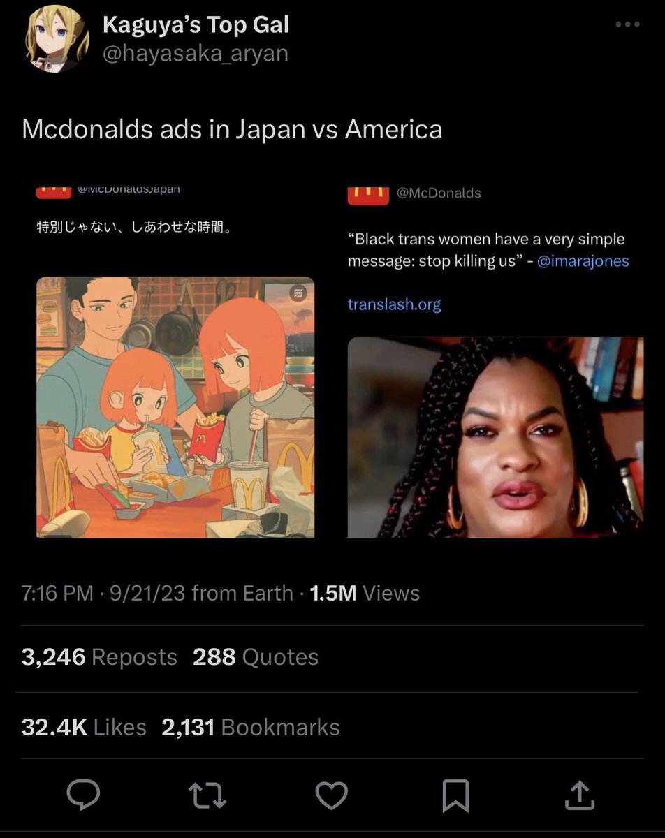This user does not live in America and does not have to consume American McDonalds ads.

Their username wasn't always 'hayasaka_aryan' it used to be 'zerotwomexicana' but they had to change it so their groyper friends wouldn't bully them for being Mexican.