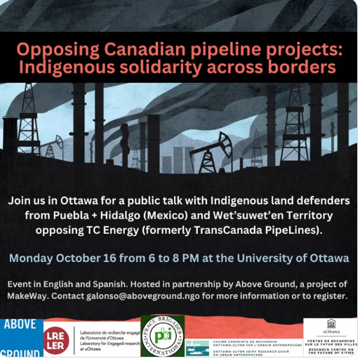 Hear a public talk in Ottawa with Indigenous land defenders from Wet'suwet'en Territory and Puebla + Hidalgo (Mexico) opposing TC Energy Pipelines. To register: docs.google.com/forms/d/e/1FAI…… #PBIaccompanies