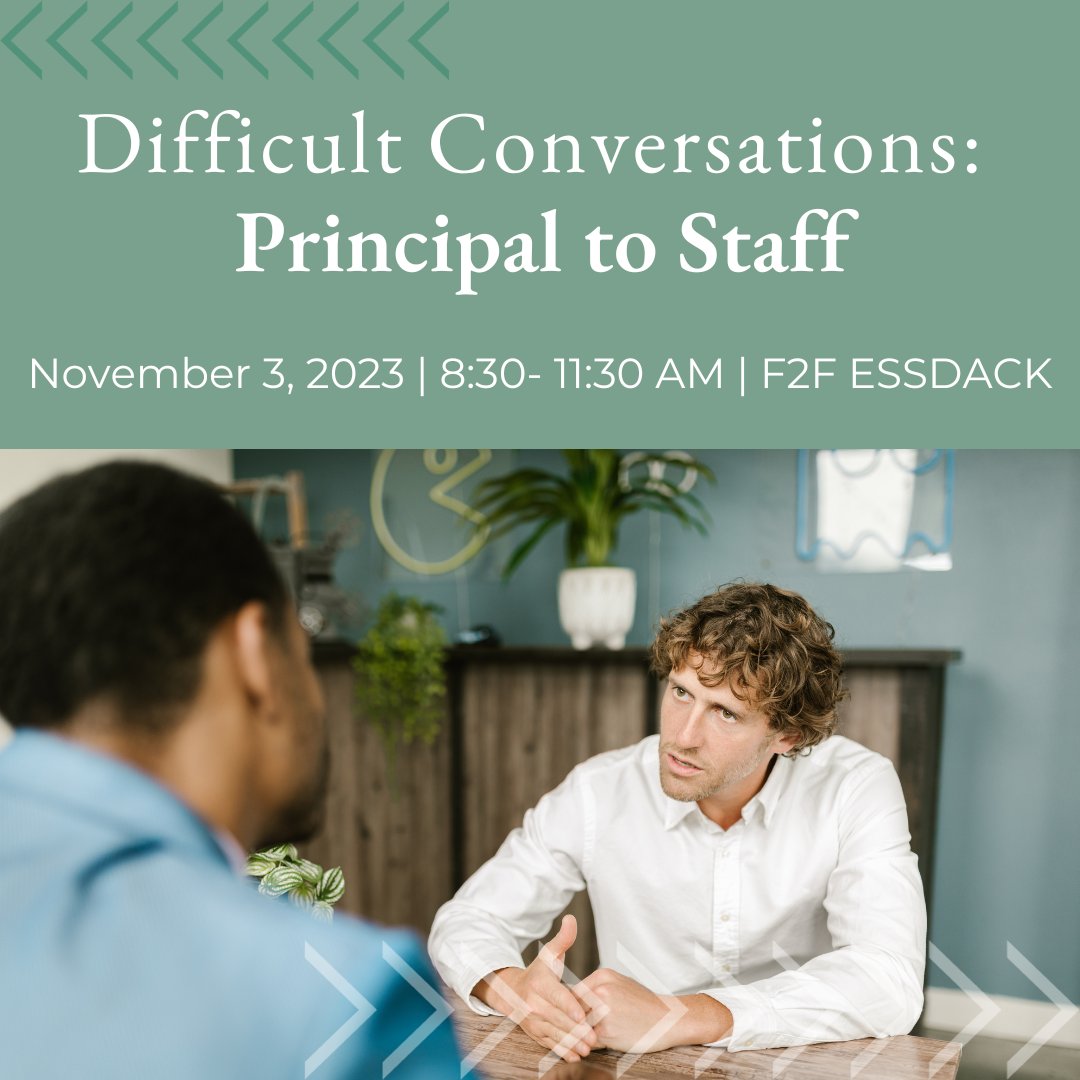 Principals/Admin
Learn the 5 steps to a committed conversation with staff who are not meeting expectations. These conversations don’t have to create conflict; they can create commitment.

Price: $200.00
Member Price: $100.00
Register at essdk.me/DifficultConve…
<a href="/INspiredLeader4/">INspired Leadership</a>
