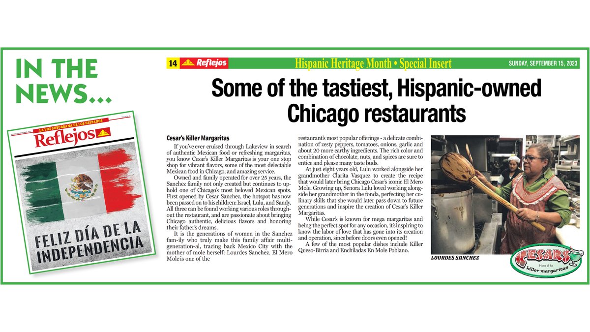 Thanks, Reflejos Newspaper, for making us the TOP SPOT for 'Some of the Tastiest, Hispanic-Owned Chicago Restaurants.'

We are honored and grateful to all our patrons!🥇😋👏

Read Article - ow.ly/afce50POEsb

#ReflejosNewspaper #Reflejos #HispanicOwned #ChicagoRestaurants