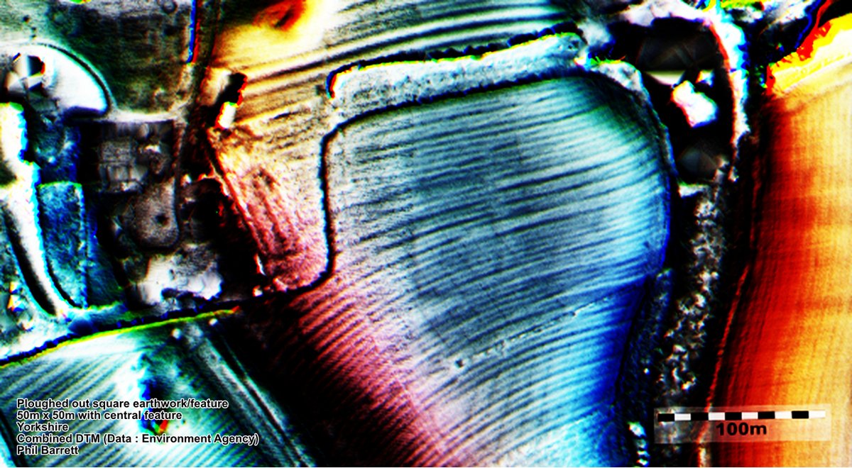 Phil_M_Barrett's tweet image. Here&apos;s an very ephemeral #earthwork on a hill in Yorkshire. A well ploughed out 50m square with 15m square &apos;thing&apos; at the centre.
In an area of both #Prehistoric and #Roman activity.
🤔
Unrecorded and will remain so &apos;til ploughed to oblivion.
#FindsFriday #FridayLidar #Lidar