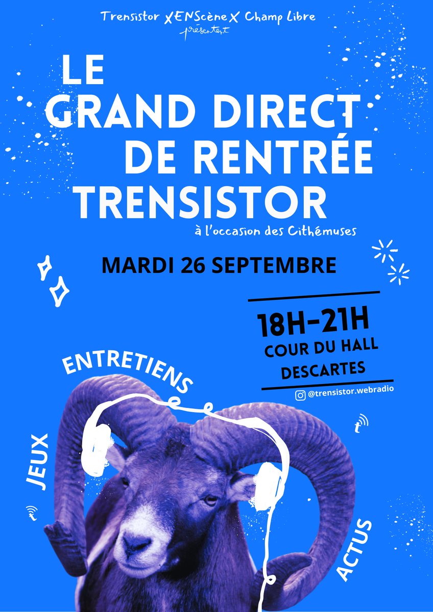 Trensistor fait son grand #direct de rentrée, mardi prochain de 18h à 21h à l' @ensdelyon.

Au programme ? Beaucoup d'émissions culturelles à l'occasion du festival « Les Cithémuses » d' <a href="/enscenelyon/">Enscène</a> 

Ecoutez-nous également à distance sur youtube.com/@trensistor 
#Radio #Lyon