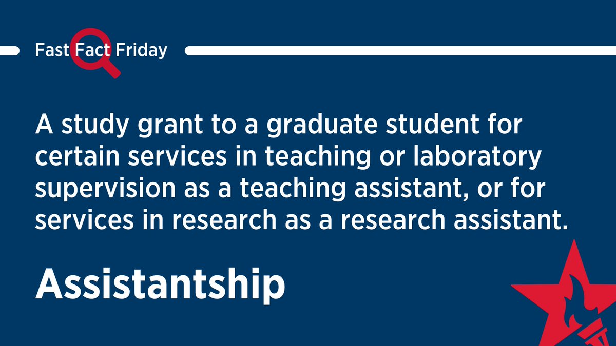 📷 Assistantship:  A study grant to a graduate student for certain services in teaching or laboratory supervision as a teaching assistant, or for services in research as a research assistant.  #FastFactFriday

Proyecto impulsado por <a href="/FECHAC/">FECHAC</a>