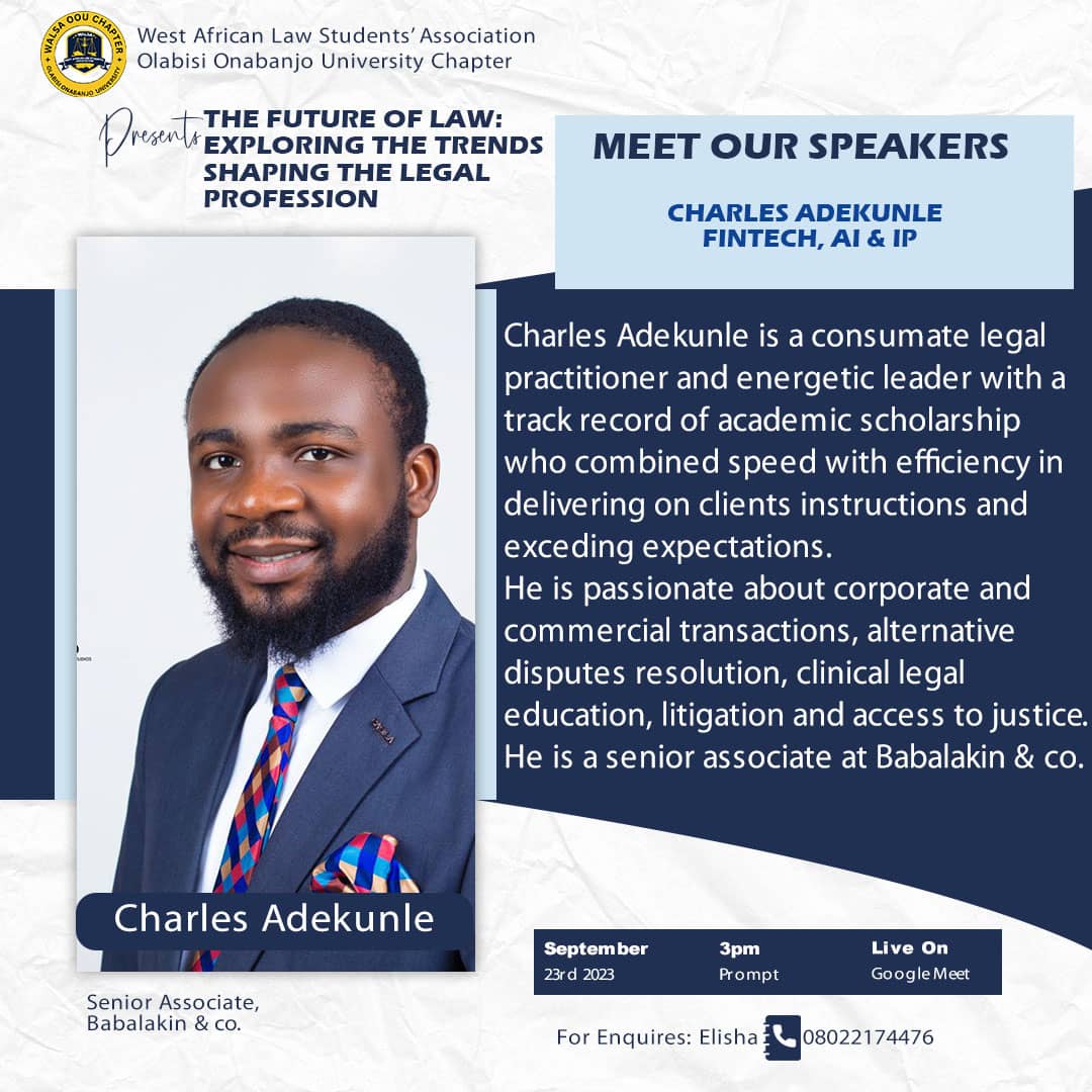 lordcharles01's tweet photo. Looking forward to an exciting afternoon tomorrow, as I will be discussing "Fintech, AI and IP: Understanding the Nexus and Trends in the Legal Industry" with the brilliant minds at #WALSA Olabisi Onabanjo University Chapter.
#IntellectualProperty #Fintech #AI #TechLaw #Webinar https://t.co/w8pTlAW9oA