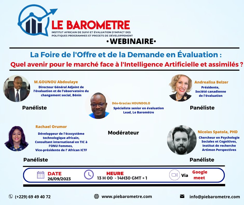 Webinaire 3: La Foire de l'Offre et de la Demande en Évaluation : 
Quel avenir pour le marché face à l'Intelligence Artificielle et assimilés?
Pour s'inscrire : forms.gle/ZhhLUkfG7BUUym…
#intelligenceartificiel #webinaire #evaluation
#lebarometre <a href="/GEI_GlobalEval/">Global Evaluation Initiative</a>  <a href="/RFEvaluation/">RFE</a>
