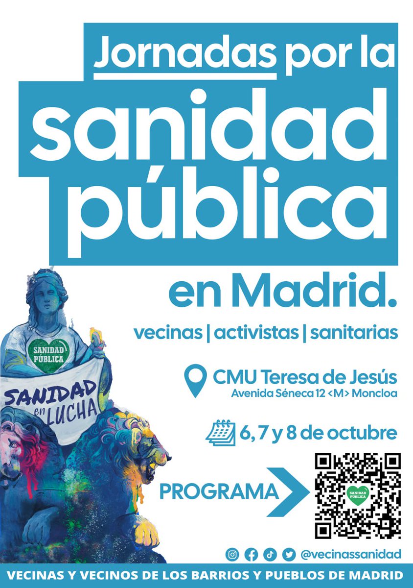 VecinasSanidad's tweet photo. Jornadas por la  #SanidadPublica 🎉
Los días 6, 7 y 8 de octubre cientos de vecinas barriales, activistas y sanitarias nos juntaremos para hacer balances y compartir experiencias de lucha con la vista puesta en recomenzar un nuevo ciclo de movilizaciones en defensa de la Sanidad. https://t.co/qYChtNGTH5