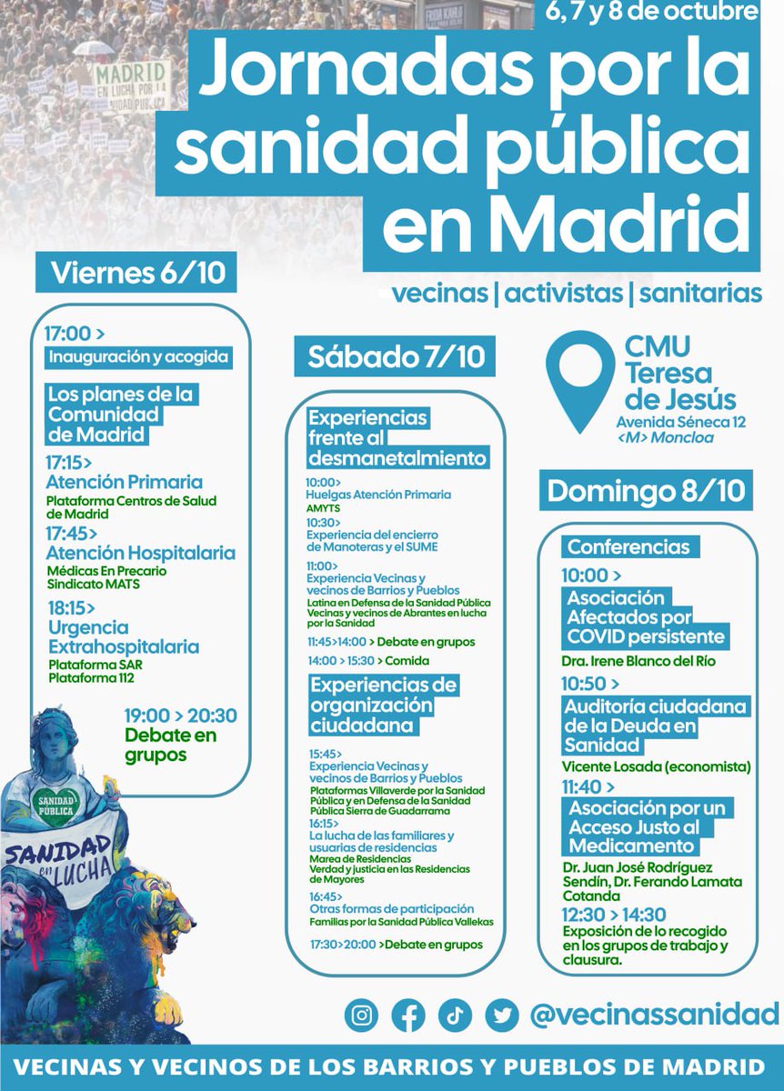 VecinasSanidad's tweet photo. Jornadas por la  #SanidadPublica 🎉
Los días 6, 7 y 8 de octubre cientos de vecinas barriales, activistas y sanitarias nos juntaremos para hacer balances y compartir experiencias de lucha con la vista puesta en recomenzar un nuevo ciclo de movilizaciones en defensa de la Sanidad. https://t.co/qYChtNGTH5