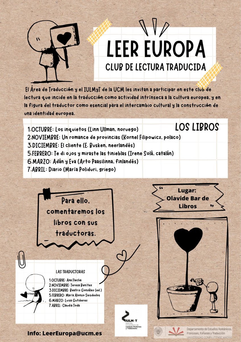 ¡Estudiantes! La UCM nos trae el club de lectura traducida «Leer Europa» 📖 La primera reunión es el 6 de octubre y contarán con la presencia de la traductora Ana Flecha ( <a href="/anaflesh/">Ana Flecha Marco</a> )
Lugar 📌 Olavide Bar de los Libros 
No olvidéis apuntaros en el enlace:
forms.gle/JRTunQ53mDQd3g…