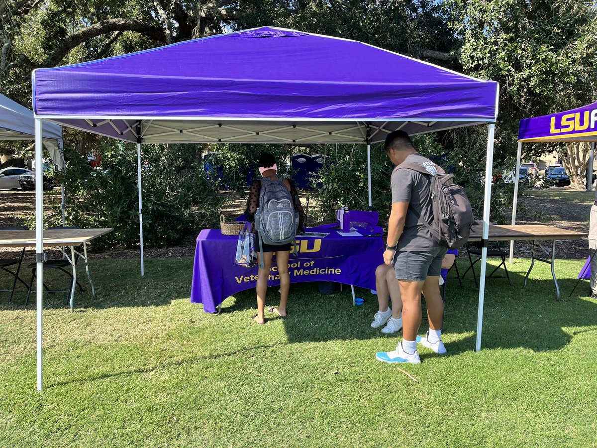 LSUVetMed's tweet photo. #lsufallfest has begun! Stop by the #LSUVetMed table, learn more about us, and meet Sully, one of our Tiger HATS pet therapy dogs. #bringingtheworldin https://t.co/qLNA3sxENF