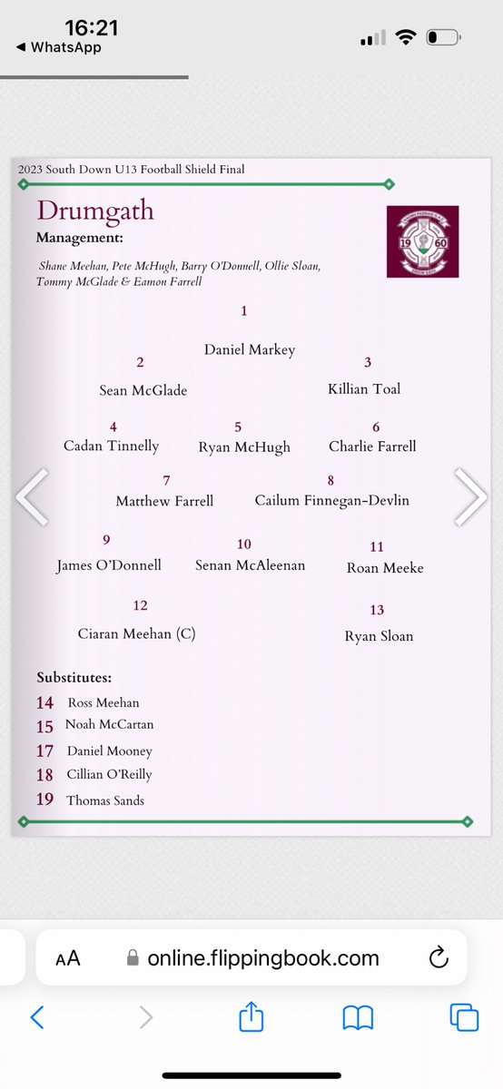 Good luck to our u13 team and coaches who are playing in the South Down final tomorrow v <a href="/MayobridgeGAC/">Mayobridge GAC</a> at 11.30am in Saval tomorrow 23rd Sept. <a href="/stmarysrathfri/">StMarysRathfriland</a> <a href="/stpatricksdrum/">St. Patrick's P.S</a> <a href="/st_colmans/">St.Colman's College, Newry</a> <a href="/StPatsBanbridge/">St Patrick's College</a> <a href="/Abbey_CBS/">Abbey Grammar School</a> <a href="/NewbridgeIC/">New-Bridge Integrated College</a> <a href="/SMHSPE/">SMHS CASTLEWELLAN PE</a>