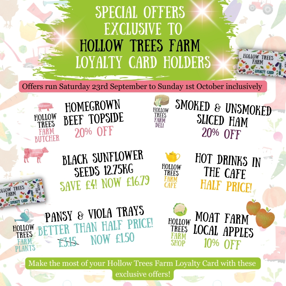 We've got a bumper week of offers here
at Hollow Trees Farm, exclusively for our loyalty card
holders.
Starting tomorrow (Saturday 23rd), we've got a range
of amazing discounts accross some of our bestsellers.
These offers will be running until Sunday 1st October