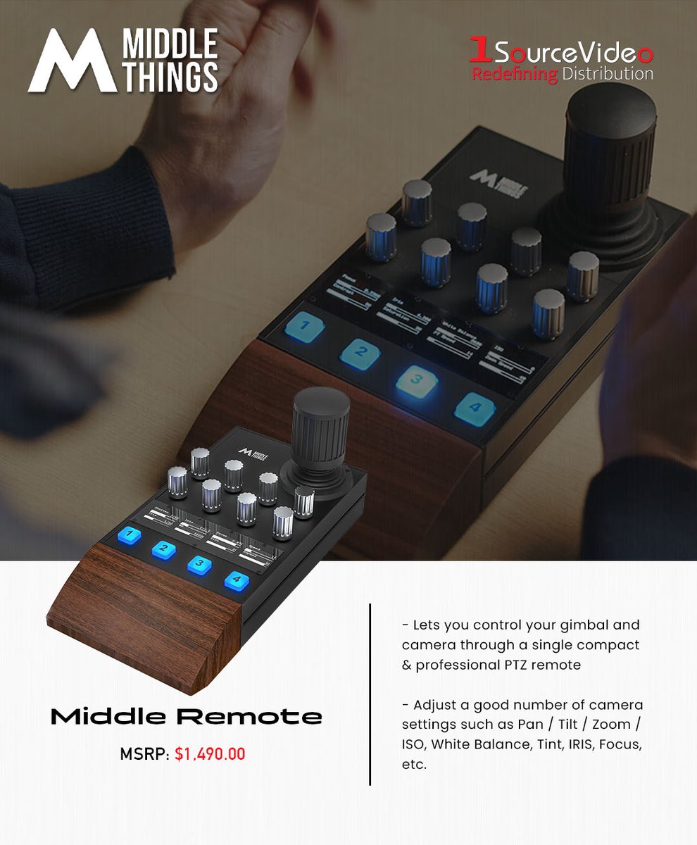 1sourcevideo's tweet photo. The Middle Remote from @middlemotion lets you control your gimbal and camera through a single PTZ remote!

#MiddleThings #1SourceVideo #APC #APCR #MiddleRemote #gimbal #DJI #cameras #controller #remotecontrol #filmmaking #videoproduction #distribution #RedefiningDistribution https://t.co/QimXFqV2nf