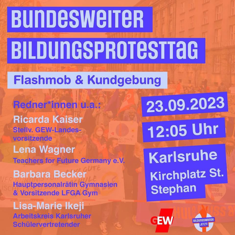 Willst du …
auch nicht länger warten, bis Schulen und Kitas so werden, wie sie sein sollten? Sondern lieber selbst aktiv werden? #twlz
Dann komm zur Demo nach #Karlsruhe morgen, am 23.09.2023 um 12.05 Uhr 
#BildungswendeJetzt 
<a href="/B_Becker_753/">B_Becker.BW</a> <a href="/R_Kaiser_GEW/">Ricarda Kaiser</a> @gew_bund <a href="/schule_anders/">schulemussanders</a>
