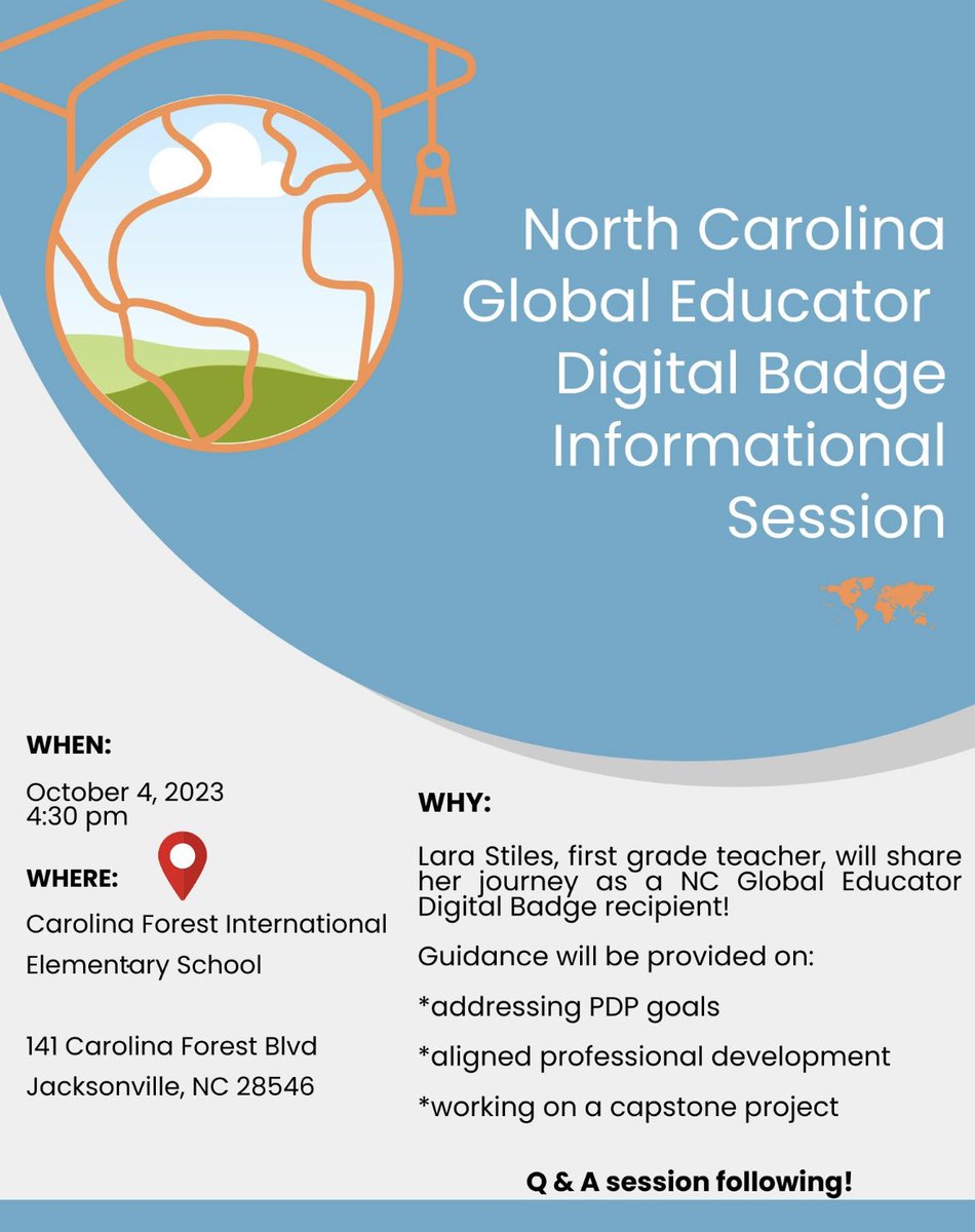 Excited to have this opportunity for @OnslowSchools educators to learn more about Global Education professional learning opportunities and how they can earn their Global Educator Digital Badge! @ocsinstruction @OnslowCAO @EaglesCfie @UNCWorldView @TeachWithGlobal