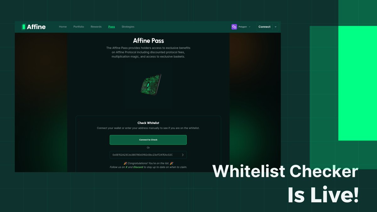 AffineDeFi's tweet image. The whitelist checker is now live!

You&apos;ll be able to log into the Affine dApp and check if your wallet is eligible for the upcoming mint. 🚀