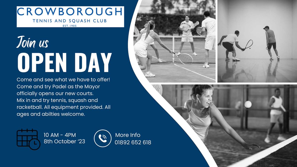 Crowborough Tennis & Squash Club (@crowtsc) on Twitter photo OPEN DAY. Official opening of our new Padel courts. Join us on the 8th October and give Padel a try. All equipment supplied. Tennis, squash and racketball mix-ins too #padel #crowborough #tennis #squash #racketball <a href="/TennisSussex/">Tennis Sussex (LTA)</a> <a href="/englandsquash/">🏴 England Squash</a> <a href="/wealdendistrict/">Wealden District Council</a> <a href="/EastSussexCC/">East Sussex County Council</a> OPEN DAY. Official opening of our new Padel courts. Join us on the 8th October and give Padel a try. All equipment supplied. Tennis, squash and racketball mix-ins too #padel #crowborough #tennis #squash #racketball <a href="/TennisSussex/">Tennis Sussex (LTA)</a> <a href="/englandsquash/">🏴 England Squash</a> <a href="/wealdendistrict/">Wealden District Council</a> <a href="/EastSussexCC/">East Sussex County Council</a>