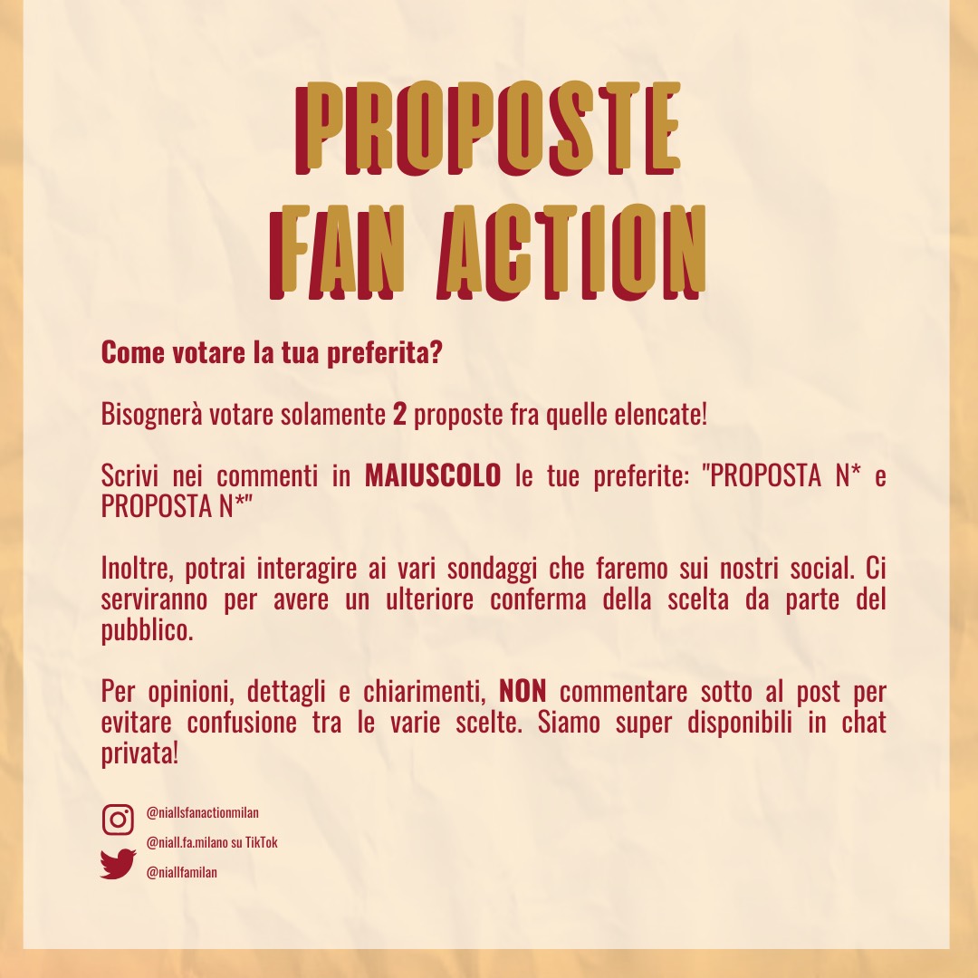 niallfamilan's tweet photo. Il momento tanto atteso, è arrivato. Vi presentiamo le tre proposte che sono state estrapolate dai vostri suggerimenti in questi mesi. Vi invitiamo a commentare le vostre due preferite. Le votazioni si concluderanno l’1 Ottobre. + https://t.co/xYtjTSpOka