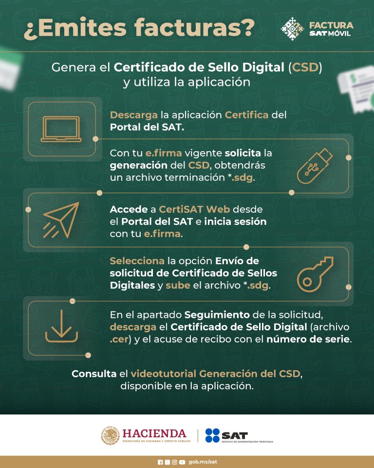 SATMX's tweet photo. Utiliza la aplicación #FacturaSATMóvil, ¡es fácil, rápida y segura! 

Genera tu Certificado de Sello Digital para emitir facturas desde tu celular. Consulta el videotutorial y conoce cómo hacerlo en https://t.co/7KHTDVbSxX https://t.co/Hd6G3hRuGL