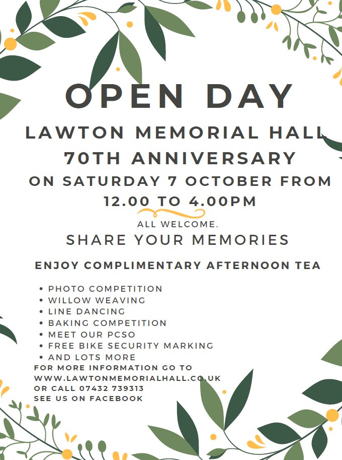 OPEN DAY:

Lawton Memorial Hall, Saturday 7th October 12:00-16:00

Lawton Memorial Hall are celebrating their 70th Anniversary!

Your local officers will be there to security mark bikes as well as crime prevention advice between 12:00-15:00

#LawtonMemorialHall