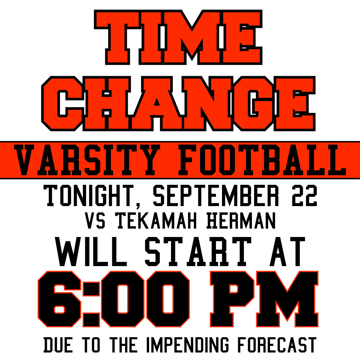 Time change for tonight! <a href="/NorthBend_FB/">NBC Football</a> <a href="/northbendeagle/">North Bend Eagle</a>