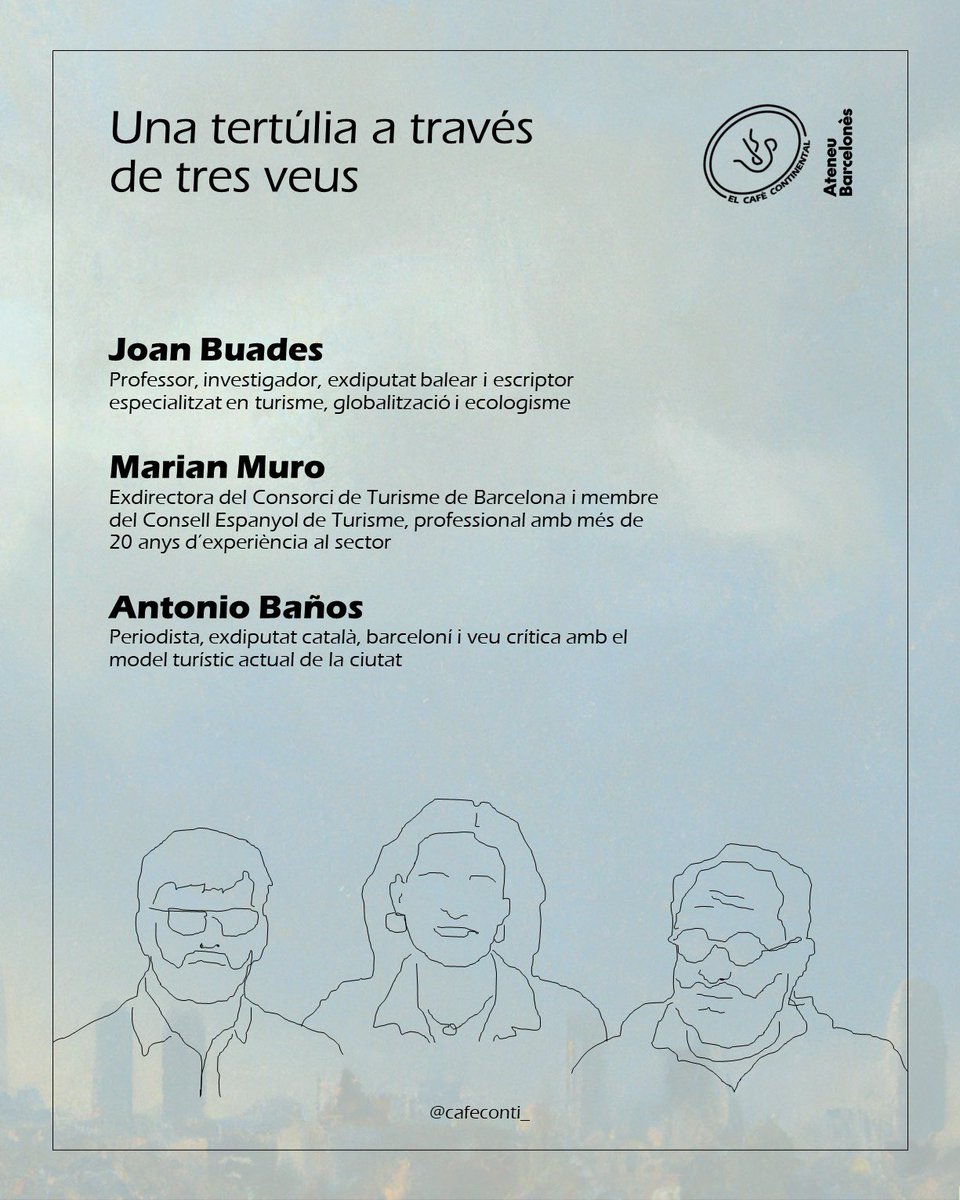 cafeconti_'s tweet photo. 📚Comença el curs, tornem a la rutina, però no tot són males notícies… Per la primera tertúlia del curs, parlarem dels efectes del turisme a Barcelona.

🤔Partint dels incidents que s’han donat a les Festes de Gràcia i demés, creiem que és un tema candent del que cal parlar. https://t.co/XvmLiOrHWe
