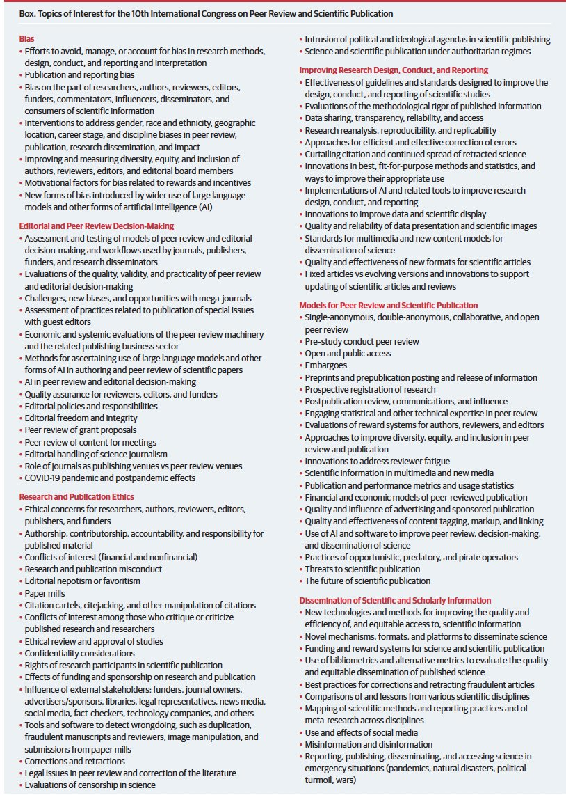 Editorial favoritism, paper mills, citation cartels, political agendas & censorship, disinformation, and of course #PeerReview.... Call for Research for the 10th Peer Review Congress jamanetwork.com/journals/jama/… @bmj_latest @METRICStanford @JAMANetwork