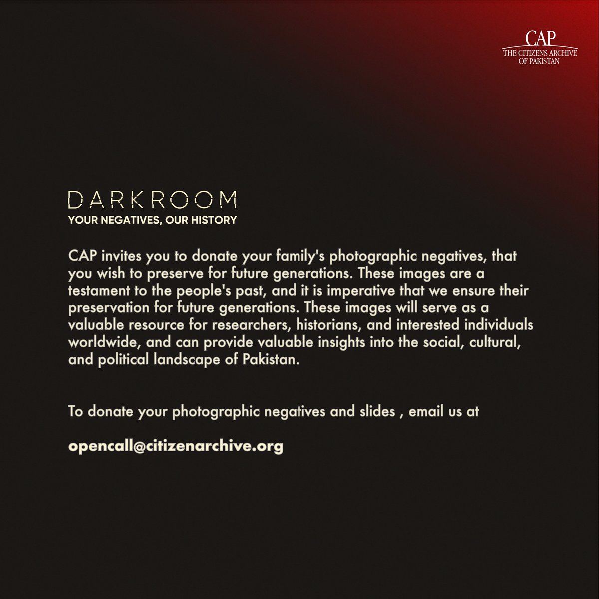 citizensarchive's tweet photo. Open Call for Negatives:
CAP invites you to donate your family's photographic negatives, that you wish to preserve for future generations

To donate your photographic negatives email at opencall@citizenarchive.org

#darkroom #citizensarchiveofpakistan #nhmlahore  #pakistan https://t.co/dCHvOeZKCz