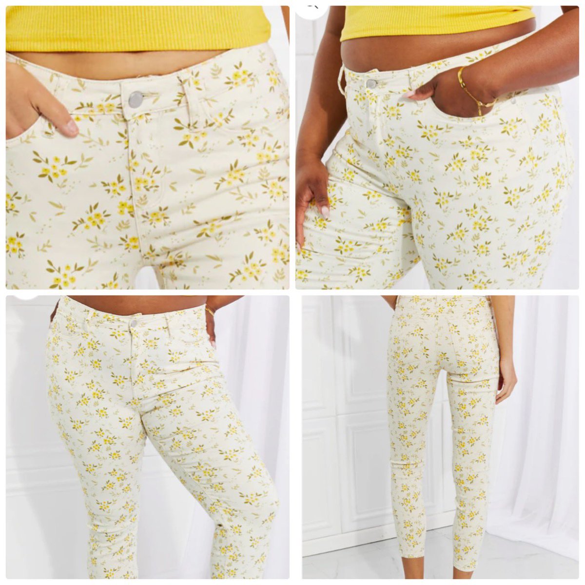 LayceW's tweet photo. Introducing the Judy Blue Golden Meadow Floral Skinny Jean, a perfect addition to your wardrobe! These pants feature a luxurious cream base adorned with delicate yellow and olive green floral detailing. Don't miss the chance to make a statement with these chic and trendy bottoms. https://t.co/ci8g1Jczg0