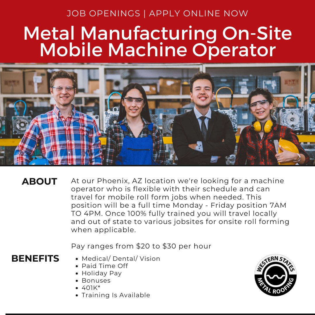 weststatesmetal's tweet image. Western States Metal Roofing is hiring for our Phoenix AZ. location. 
Apply on the link below. #westernstatesmetalroofing #metalmanufacture #machineoperator 
bit.ly/3PnsyCb