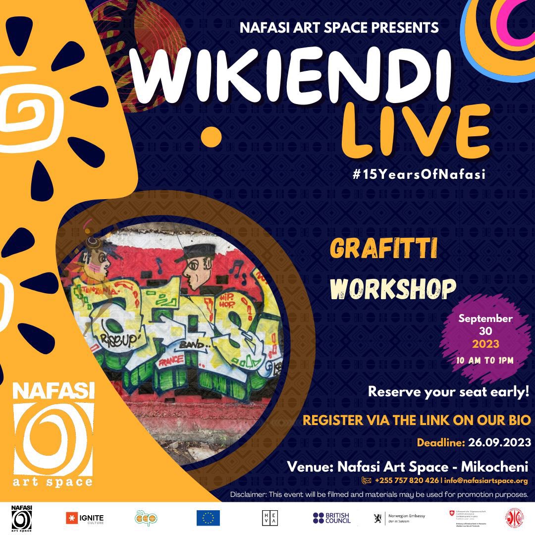 Are you ready to explore your creativity on walls? 

Join Graffiti chap chap workshop on Wikiendi Live Sept 29 & 30, 2023, led by Women Xpress 🇹🇿 & @ArtistWama 🇰🇪 . Register via the link on Nafasi Art Space's social media page. 

🔗 linktr.ee/nafasiartspace