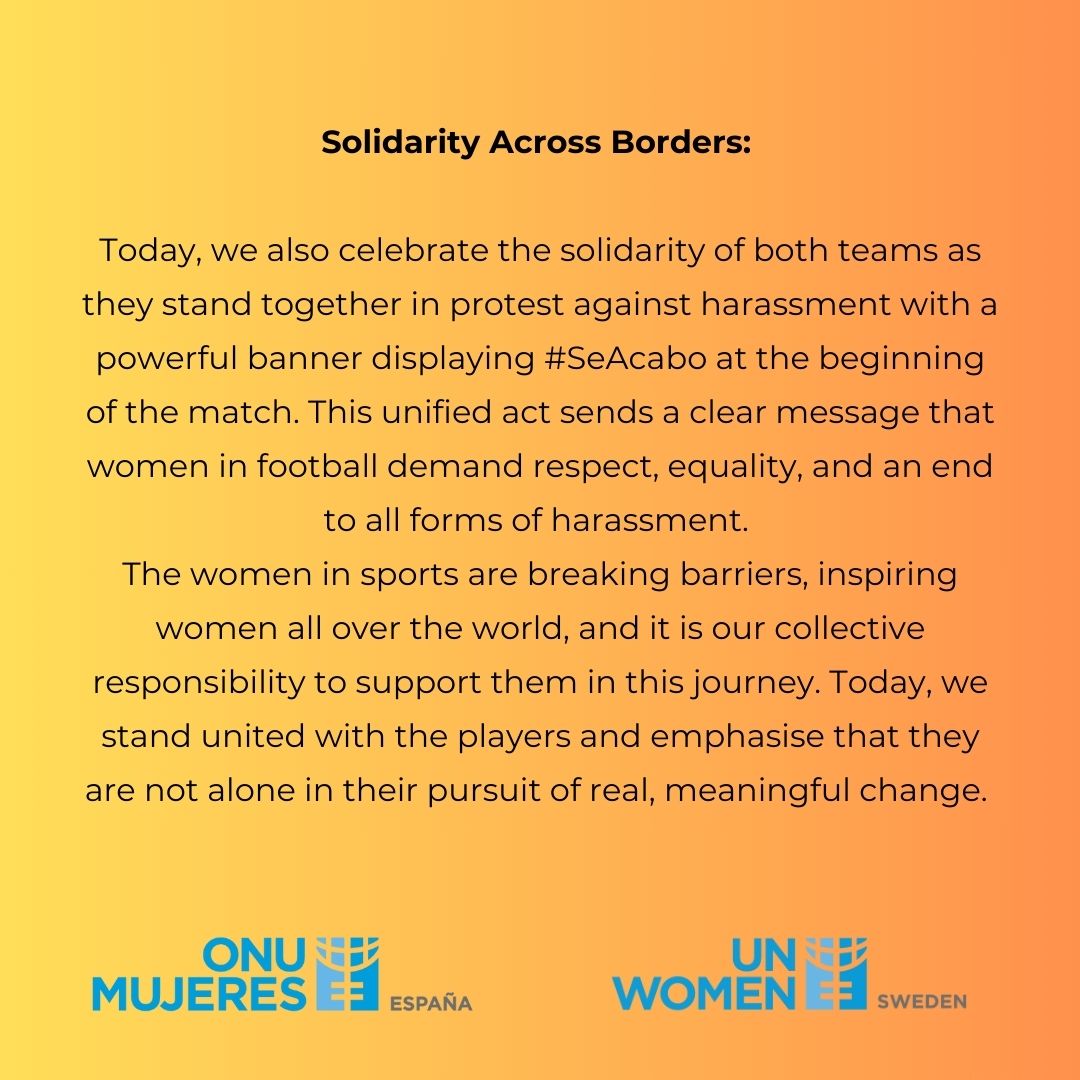 onumujeresESP's tweet photo. ONU Mujeres España y ONU Mujeres Suecia (@UNWOMENSweden) se solidarizan con las jugadoras que reclaman igualdad y respeto en el fútbol. #SeAcabó https://t.co/J4sFWXnLoL