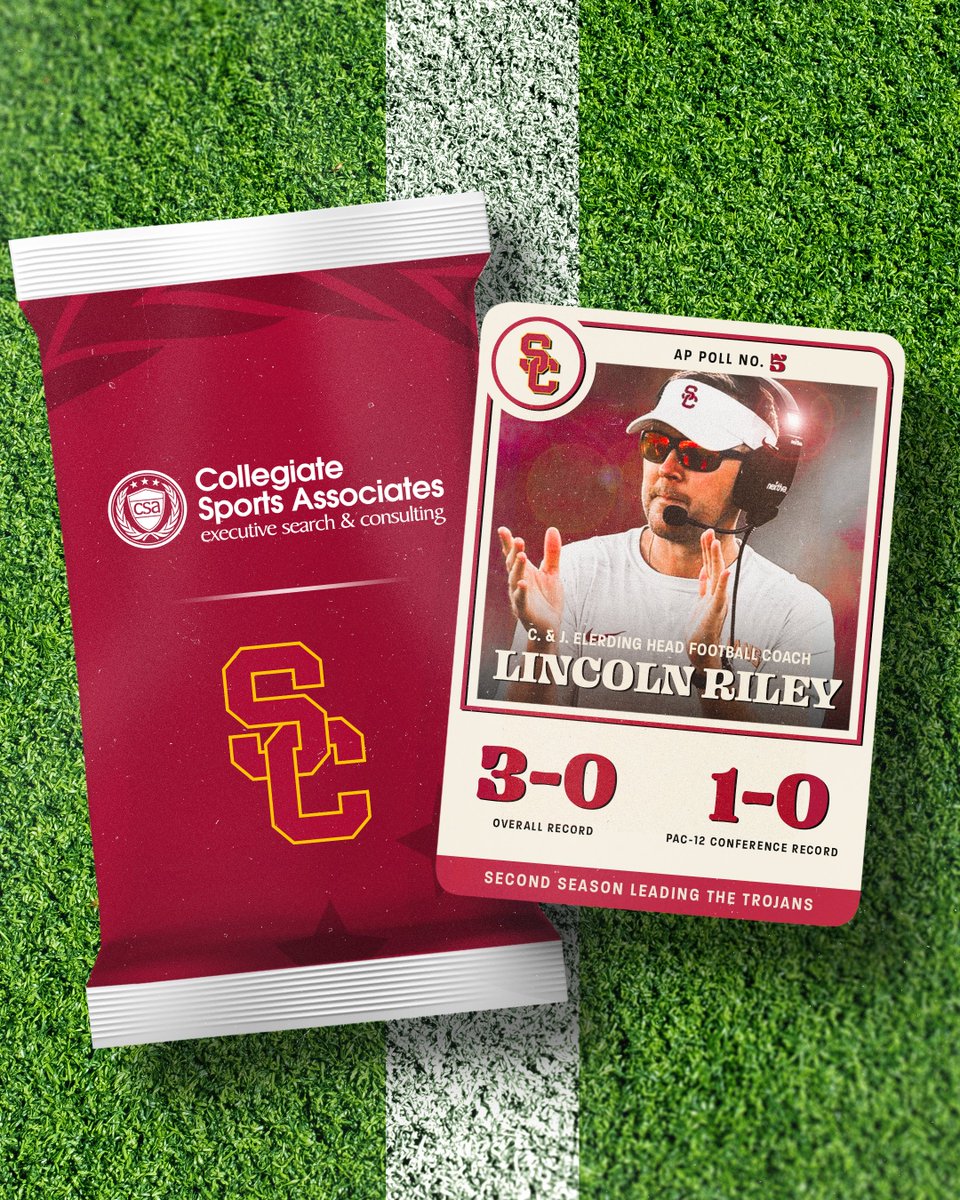 CSA_Search's tweet photo. Back in action this weekend!
#CSAPlacement @LincolnRiley leads 3-0 @uscfb this weekend as the Trojans take on Arizona State π
USC is 1-0 in @pac12 play and are ranked No. 5 on the AP Poll going into the weekend π₯
#FightOn x #CSASearch https://t.co/dQwKfgT9w8